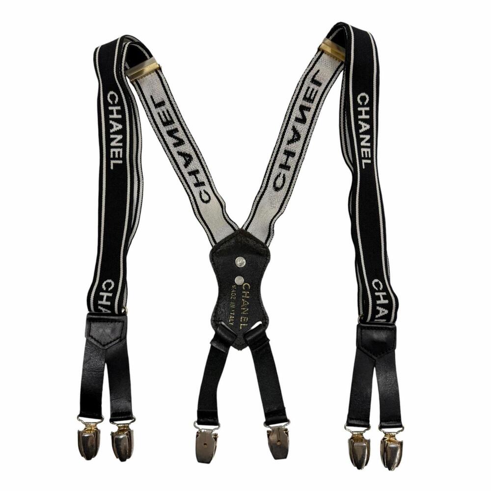 CHANEL Vintage Logo Coco Mark Hardware Leather Suspenders, Black, Made in Ita...